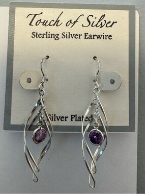 Touch of Silver twist swirl dangle earrings. lavender purple gemstone.